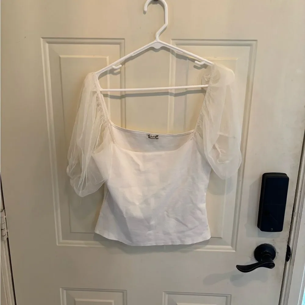 Free People White Fitted Short Sleeve Blouse with Whimsical Sheer Puff Sleeves